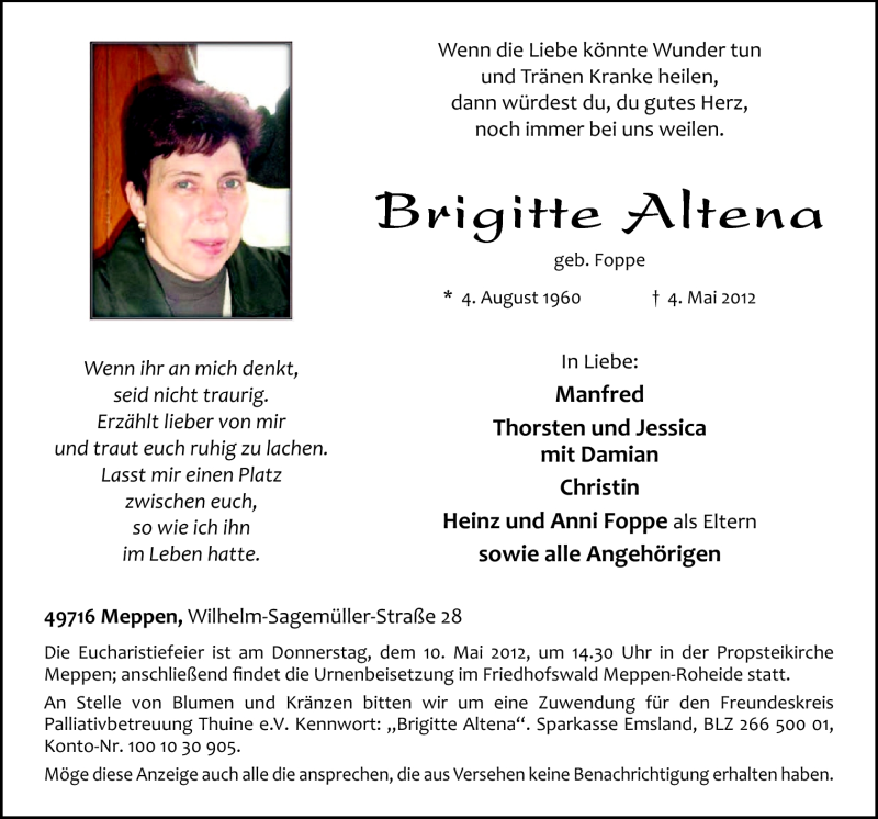  Traueranzeige für Brigitte Altena vom 07.05.2012 aus Neue Osnabrücker Zeitung GmbH & Co. KG