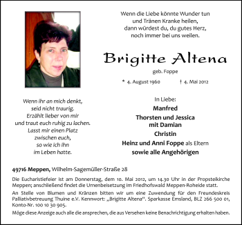 Traueranzeige von Brigitte Altena von Neue Osnabrücker Zeitung GmbH & Co. KG