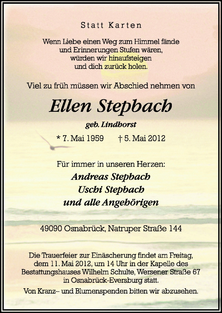  Traueranzeige für Ellen Stepbach vom 08.05.2012 aus Neue Osnabrücker Zeitung GmbH & Co. KG
