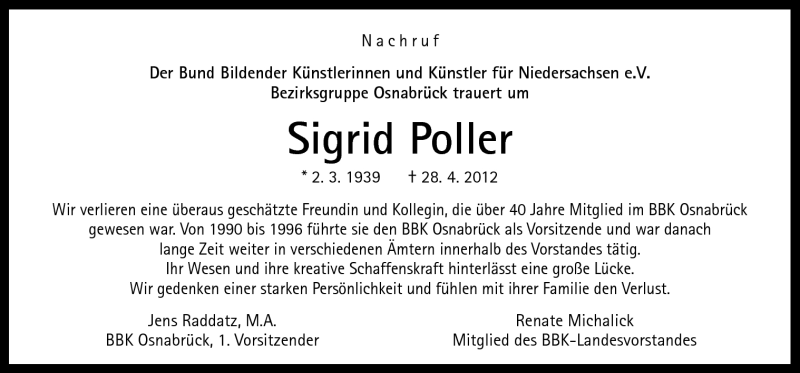  Traueranzeige für Sigrid Poller vom 09.05.2012 aus Neue Osnabrücker Zeitung GmbH & Co. KG