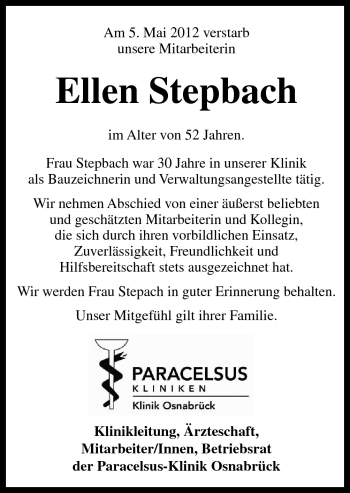 Traueranzeige von Ellen Stepbach von Neue Osnabrücker Zeitung GmbH & Co. KG
