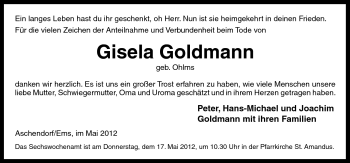 Traueranzeige von Gisela Goldmann von Neue Osnabrücker Zeitung GmbH & Co. KG