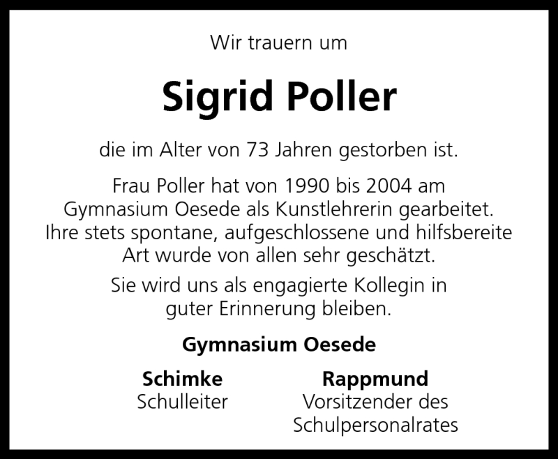  Traueranzeige für Sigrid Poller vom 12.05.2012 aus Neue Osnabrücker Zeitung GmbH & Co. KG