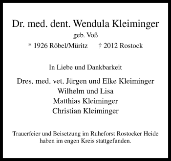 Traueranzeige von Wendula Kleiminger von Neue Osnabrücker Zeitung GmbH & Co. KG