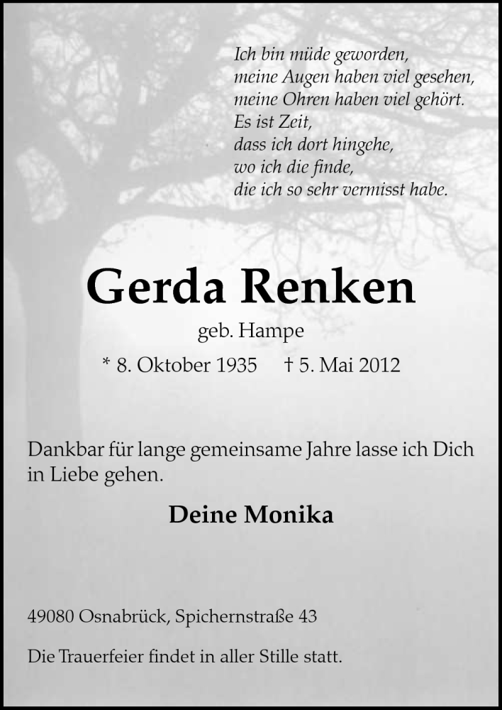  Traueranzeige für Gerda Renken vom 12.05.2012 aus Neue Osnabrücker Zeitung GmbH & Co. KG