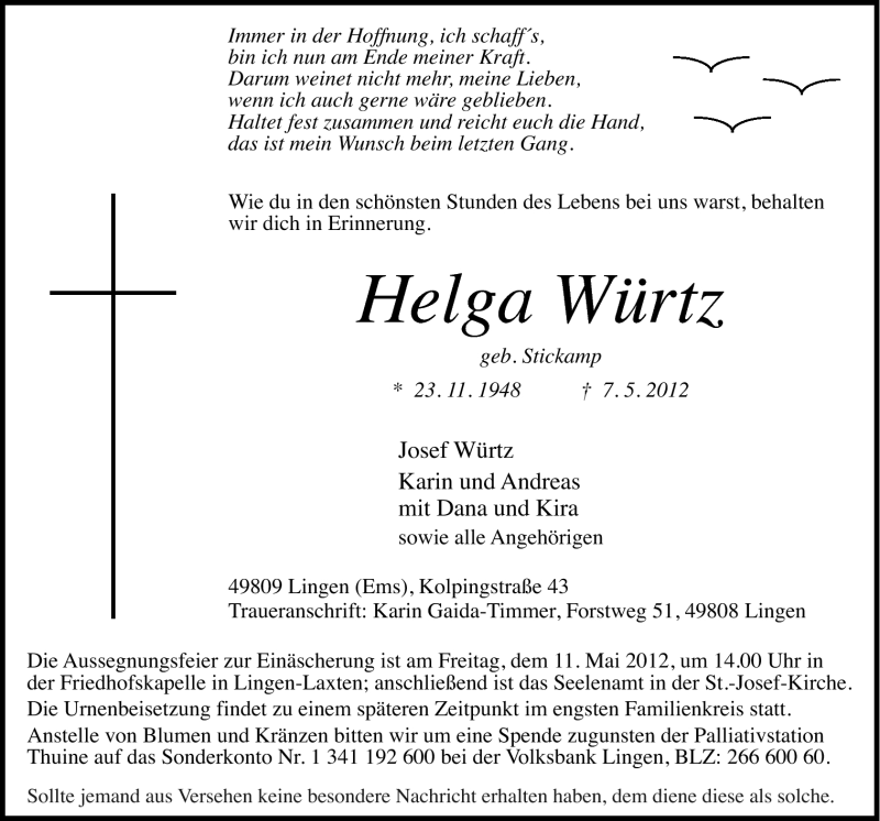  Traueranzeige für Helga Würtz vom 10.05.2012 aus Neue Osnabrücker Zeitung GmbH & Co. KG