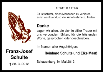 Traueranzeige von Franz-Josef Schulte von Neue Osnabrücker Zeitung GmbH & Co. KG