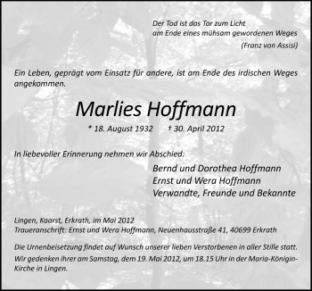 Traueranzeige von Marlies Hoffmann von Neue Osnabrücker Zeitung GmbH & Co. KG