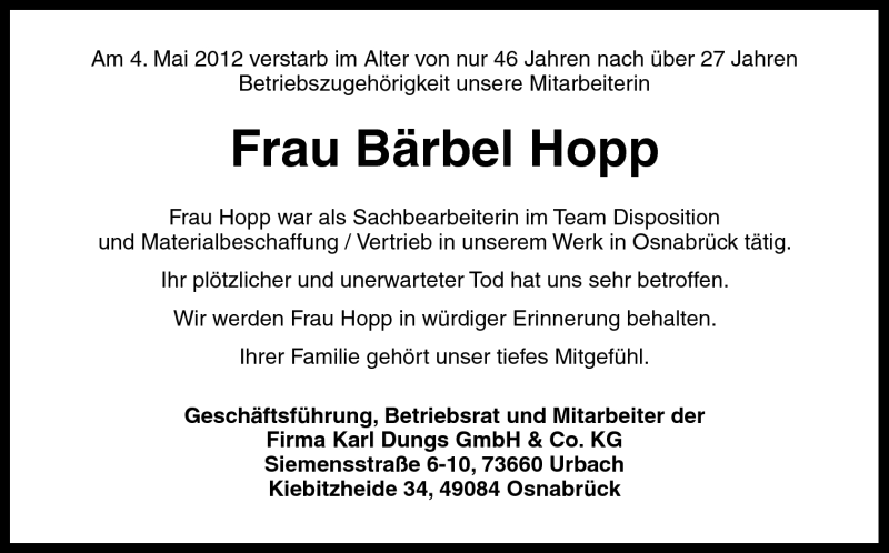  Traueranzeige für Bärbel Hopp vom 11.05.2012 aus Neue Osnabrücker Zeitung GmbH & Co. KG