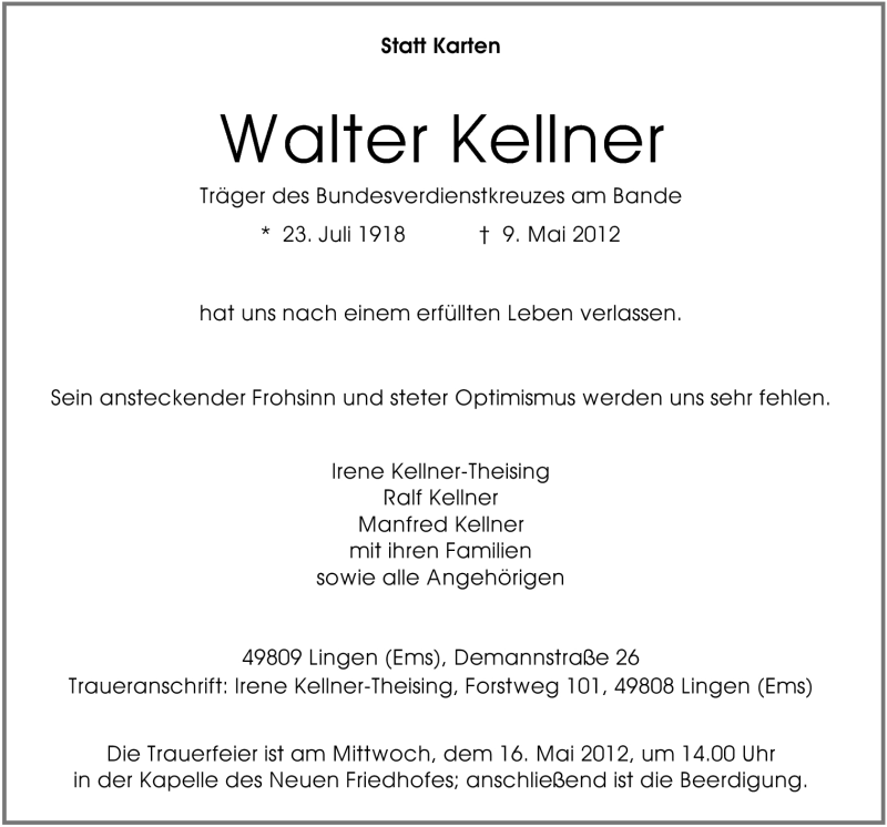  Traueranzeige für Walter Kellner vom 12.05.2012 aus Neue Osnabrücker Zeitung GmbH & Co. KG