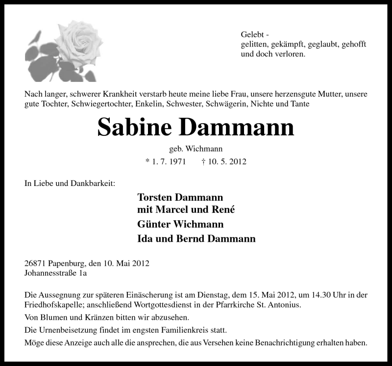 Traueranzeige für Sabine Dammann vom 12.05.2012 aus Neue Osnabrücker Zeitung GmbH & Co. KG