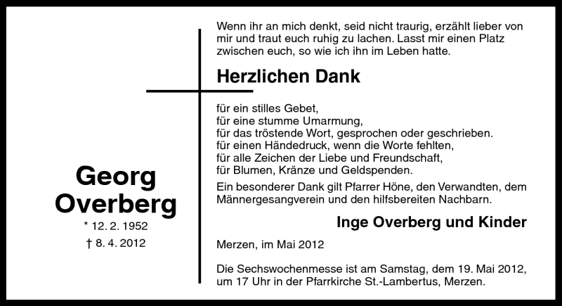  Traueranzeige für Georg Overberg vom 16.05.2012 aus Neue Osnabrücker Zeitung GmbH & Co. KG