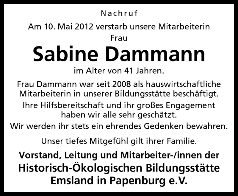  Traueranzeige für Sabine Dammann vom 15.05.2012 aus Neue Osnabrücker Zeitung GmbH & Co. KG