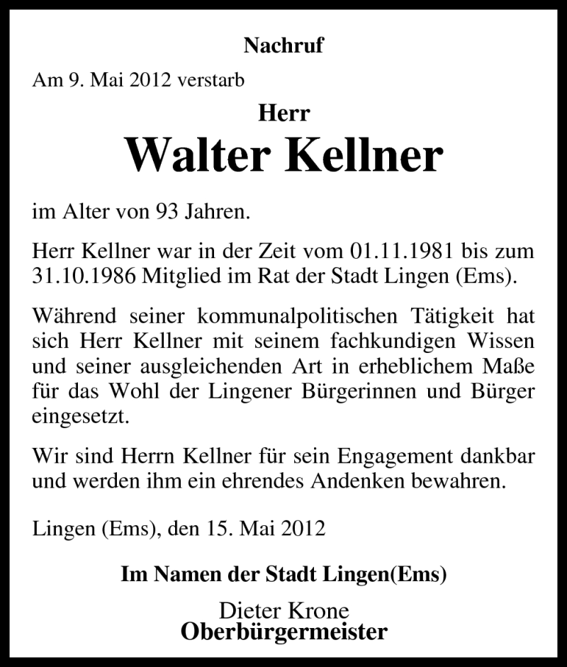  Traueranzeige für Walter Kellner vom 16.05.2012 aus Neue Osnabrücker Zeitung GmbH & Co. KG