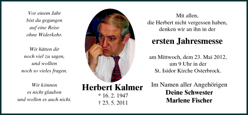  Traueranzeige für Herbert Kalmer vom 19.05.2012 aus Neue Osnabrücker Zeitung GmbH & Co. KG