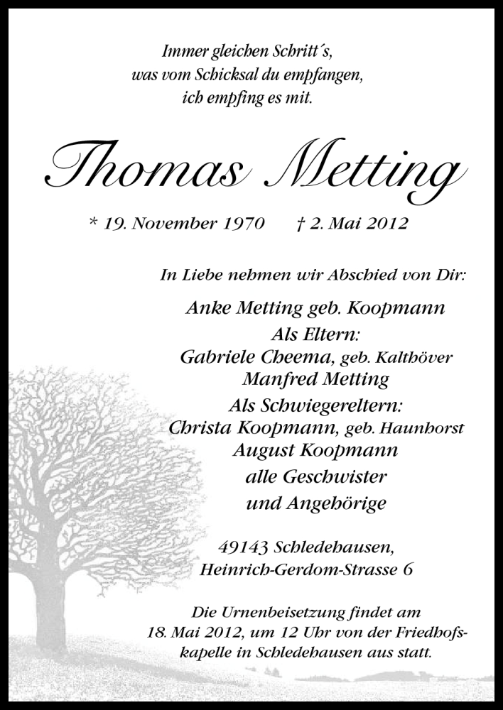  Traueranzeige für Thomas Metting vom 18.05.2012 aus Neue Osnabrücker Zeitung GmbH & Co. KG