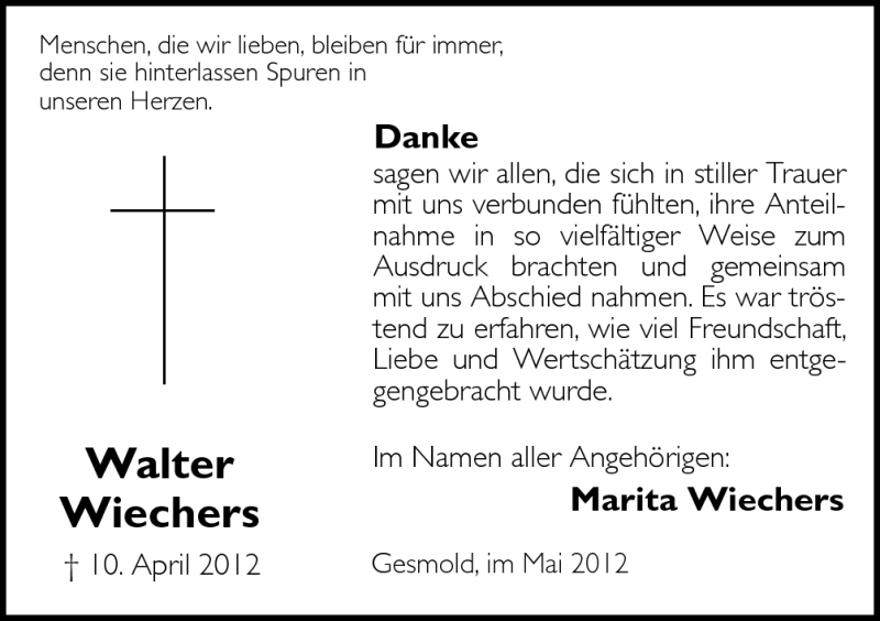  Traueranzeige für Walter Wiechers vom 26.05.2012 aus Neue Osnabrücker Zeitung GmbH & Co. KG