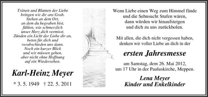  Traueranzeige für Karl-Heinz Meyer vom 22.05.2012 aus Neue Osnabrücker Zeitung GmbH & Co. KG
