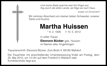 Traueranzeige von Martha Huissen von Neue Osnabrücker Zeitung GmbH & Co. KG