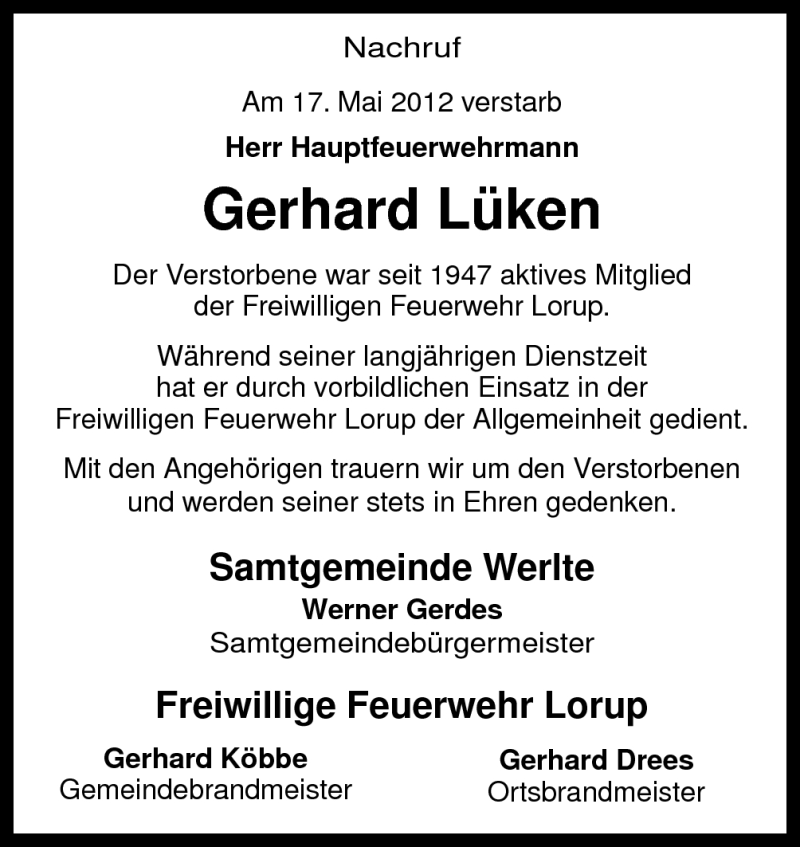  Traueranzeige für Gerhard Lüken vom 19.05.2012 aus Neue Osnabrücker Zeitung GmbH & Co. KG