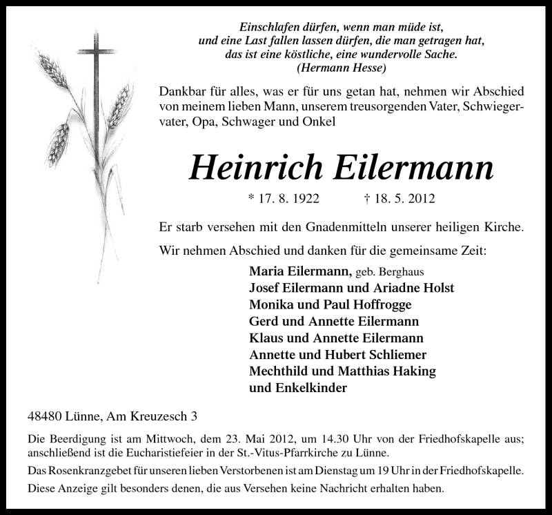  Traueranzeige für Heinrich Eilermann vom 21.05.2012 aus Neue Osnabrücker Zeitung GmbH & Co. KG