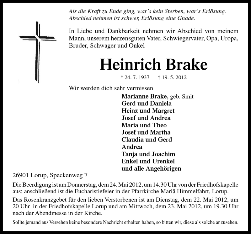  Traueranzeige für Heinrich Brake vom 22.05.2012 aus Neue Osnabrücker Zeitung GmbH & Co. KG