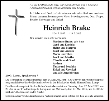 Traueranzeige von Heinrich Brake von Neue Osnabrücker Zeitung GmbH & Co. KG