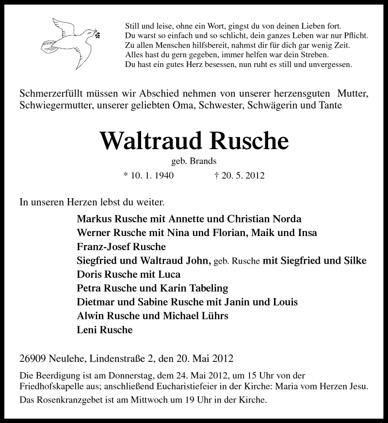  Traueranzeige für Waltraud Rusche vom 22.05.2012 aus Neue Osnabrücker Zeitung GmbH & Co. KG