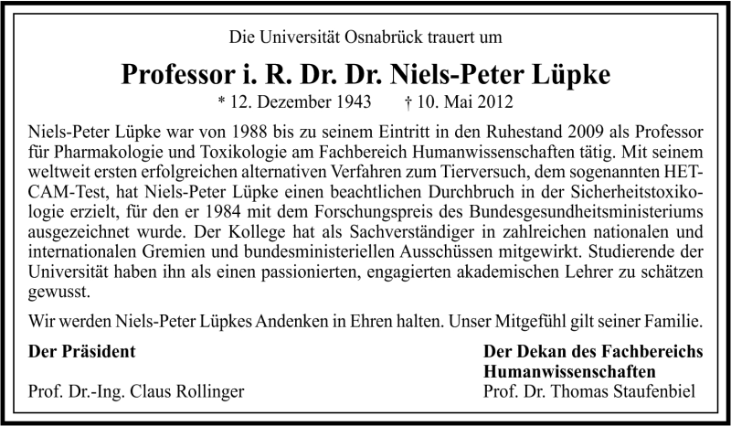 Traueranzeige für Niels-Peter Lüpke vom 22.05.2012 aus Neue Osnabrücker Zeitung GmbH & Co. KG