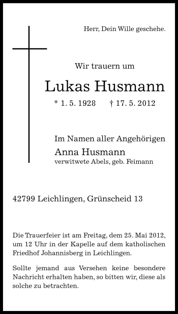 Traueranzeige von Lukas Husmann von Neue Osnabrücker Zeitung GmbH & Co. KG