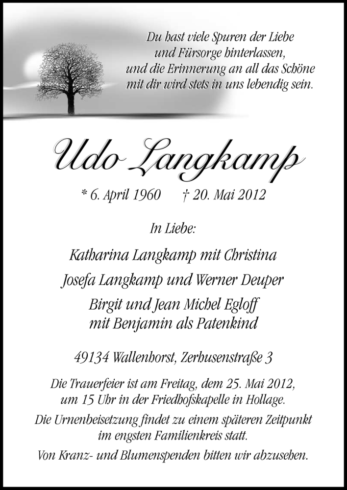  Traueranzeige für Udo Langkamp vom 23.05.2012 aus Neue Osnabrücker Zeitung GmbH & Co. KG