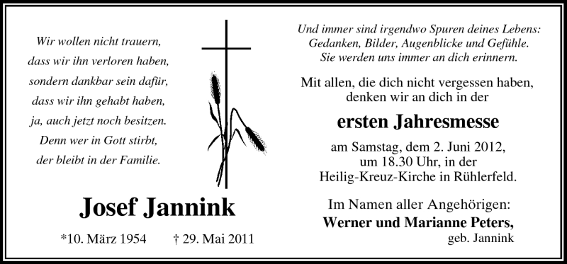  Traueranzeige für Josef Jannink vom 30.05.2012 aus Neue Osnabrücker Zeitung GmbH & Co. KG