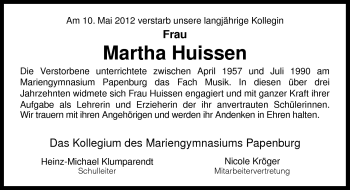 Traueranzeige von Martha Huissen von Neue Osnabrücker Zeitung GmbH & Co. KG