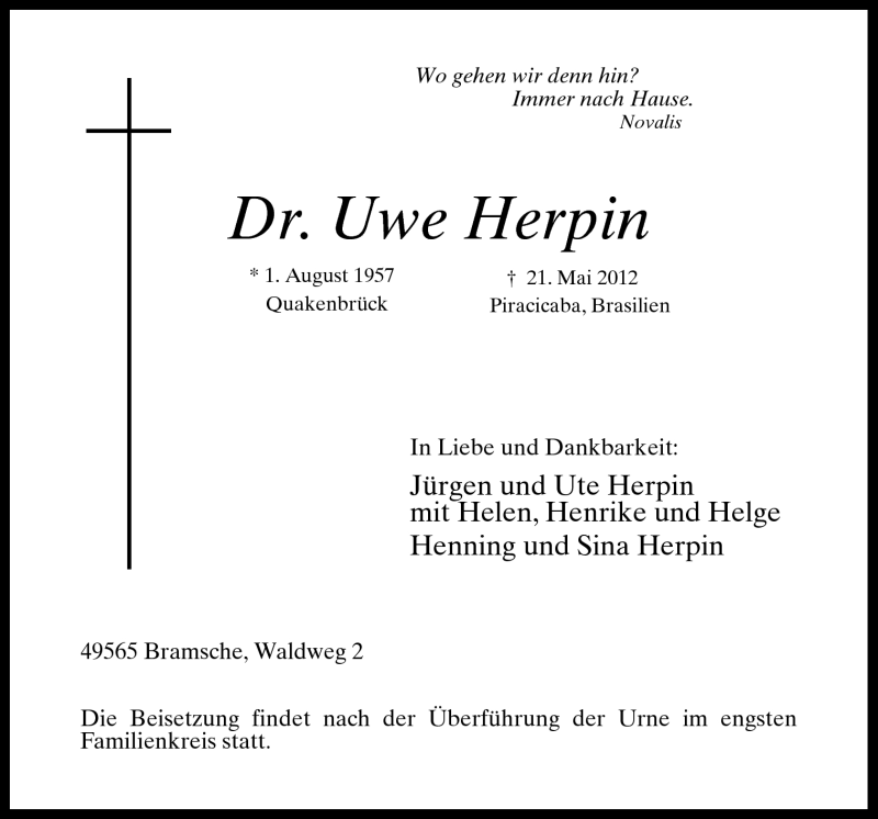  Traueranzeige für Uwe Herpin vom 26.05.2012 aus Neue Osnabrücker Zeitung GmbH & Co. KG