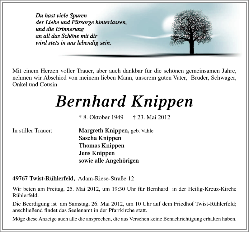  Traueranzeige für Bernhard Knippen vom 25.05.2012 aus Neue Osnabrücker Zeitung GmbH & Co. KG