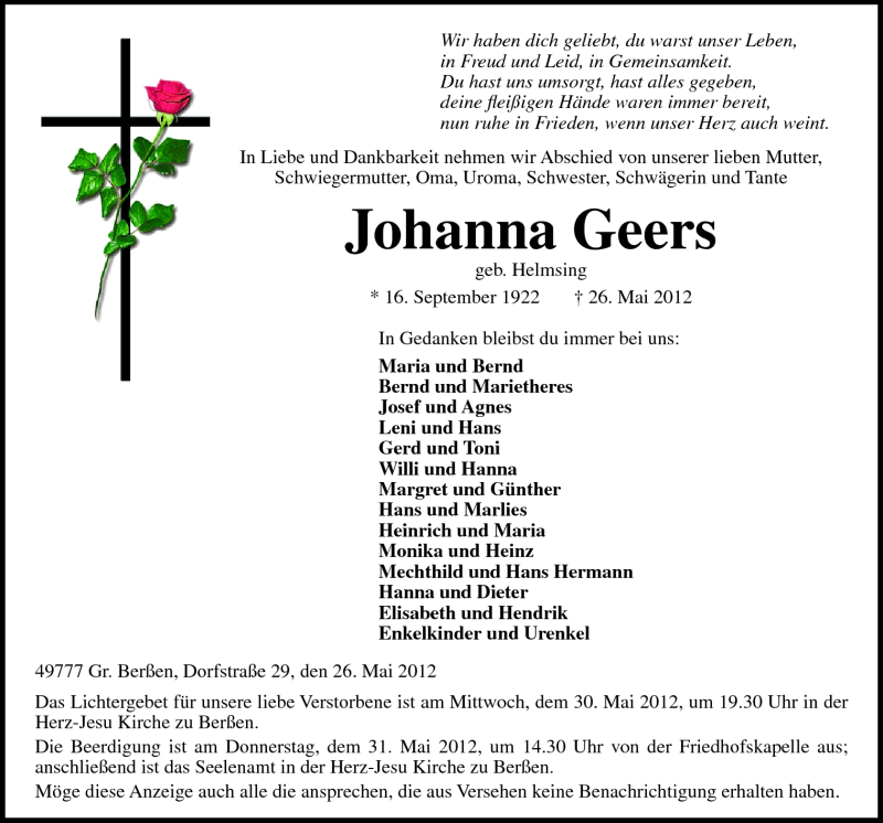  Traueranzeige für Johanna Geers vom 29.05.2012 aus Neue Osnabrücker Zeitung GmbH & Co. KG