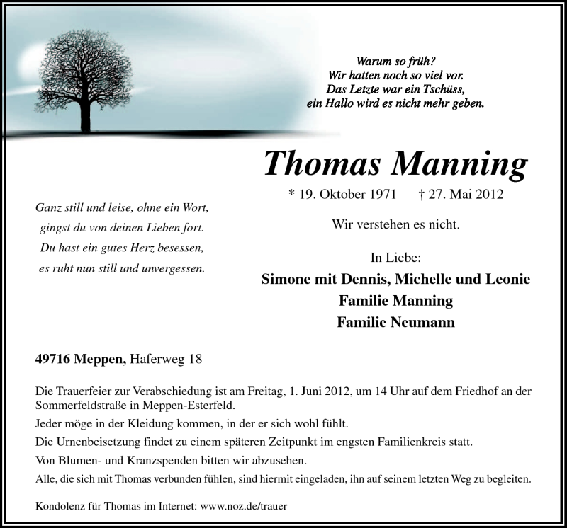  Traueranzeige für Thomas Manning vom 30.05.2012 aus Neue Osnabrücker Zeitung GmbH & Co. KG