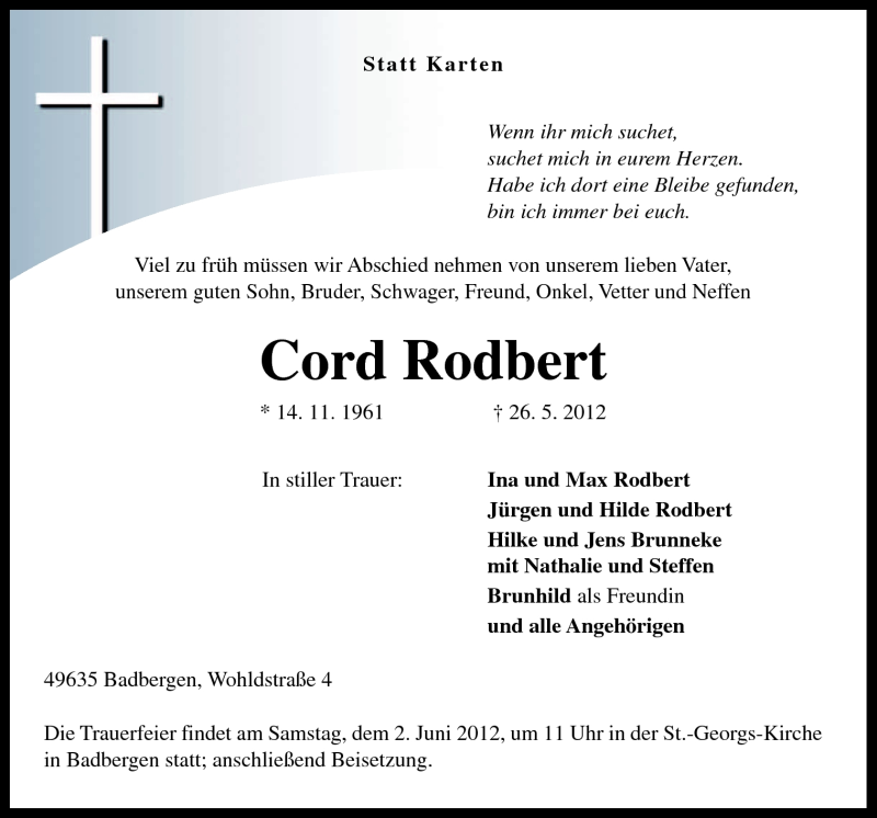  Traueranzeige für Cord Rodbert vom 31.05.2012 aus Neue Osnabrücker Zeitung GmbH & Co. KG