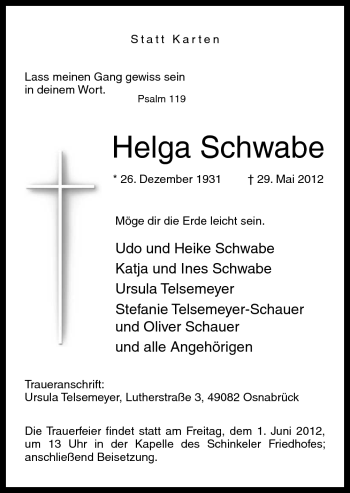 Traueranzeige von Helga Schwabe von Neue Osnabrücker Zeitung GmbH & Co. KG