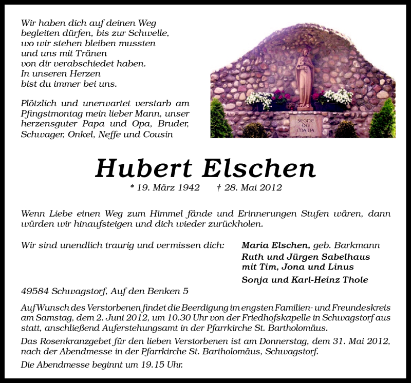  Traueranzeige für Hubert Elschen vom 31.05.2012 aus Neue Osnabrücker Zeitung GmbH & Co. KG