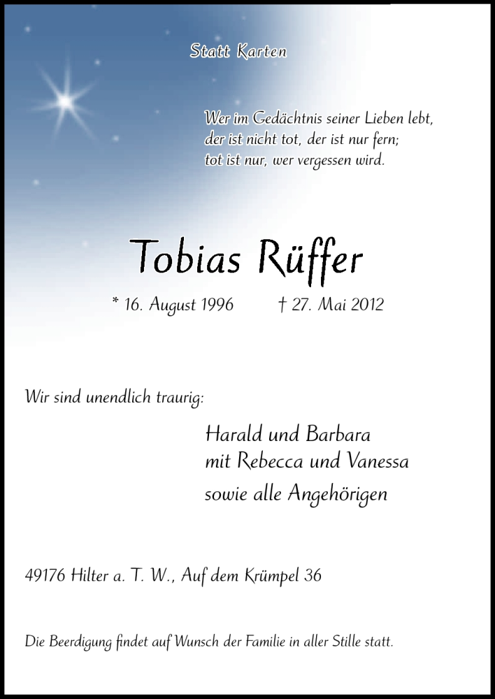  Traueranzeige für Tobias Rüffer vom 31.05.2012 aus Neue Osnabrücker Zeitung GmbH & Co. KG