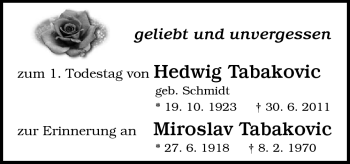 Traueranzeige von Hedwig und Miroslav Tabakovic von Neue Osnabrücker Zeitung GmbH & Co. KG