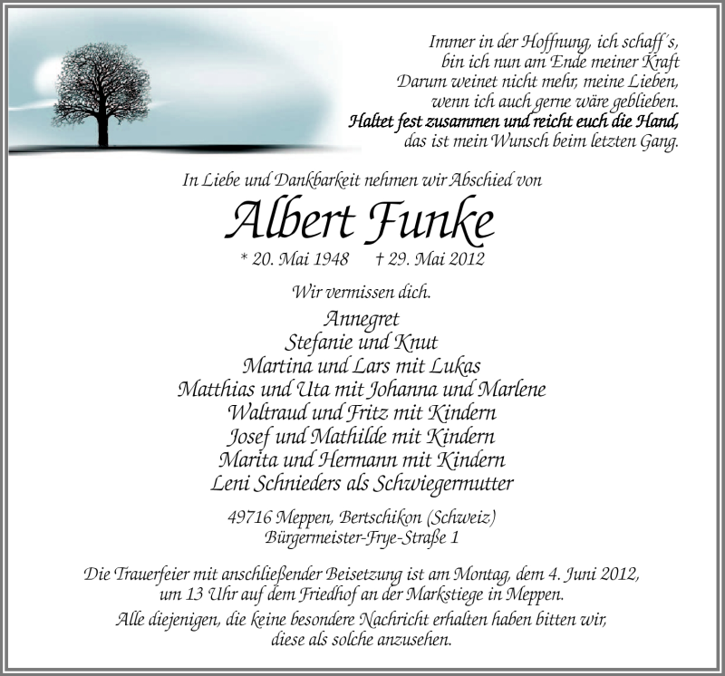  Traueranzeige für Albert Funke vom 01.06.2012 aus Neue Osnabrücker Zeitung GmbH & Co. KG