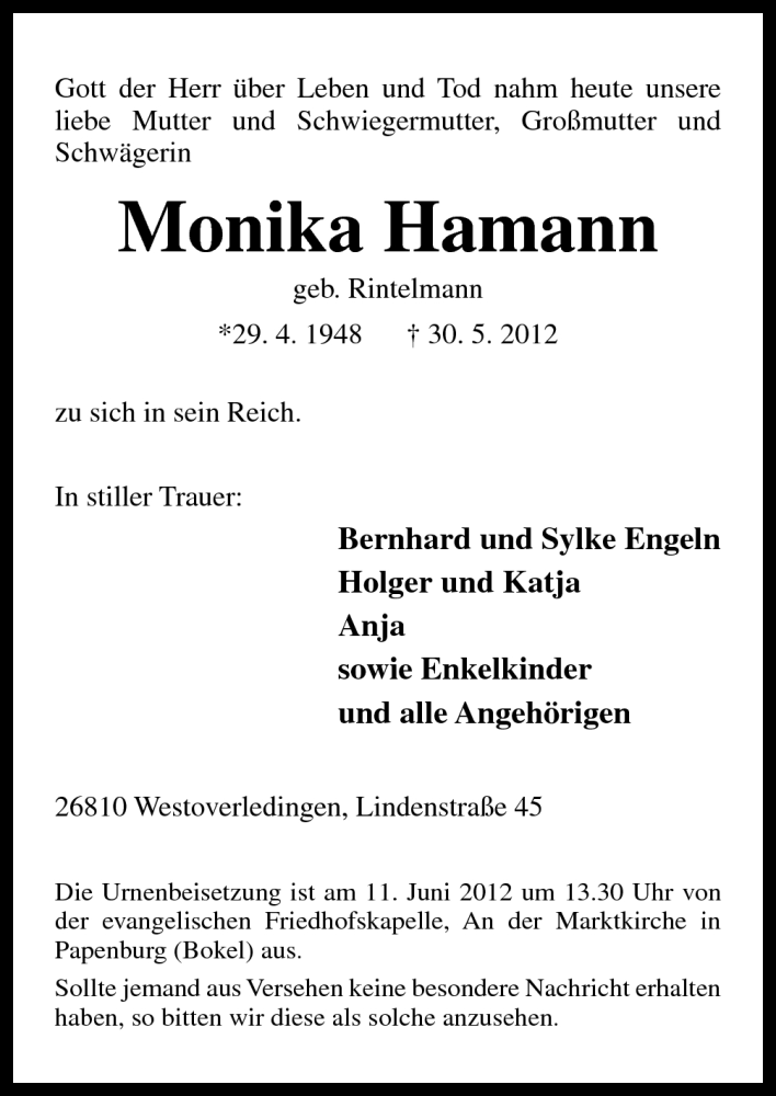  Traueranzeige für Monika Hamann vom 01.06.2012 aus Neue Osnabrücker Zeitung GmbH & Co. KG