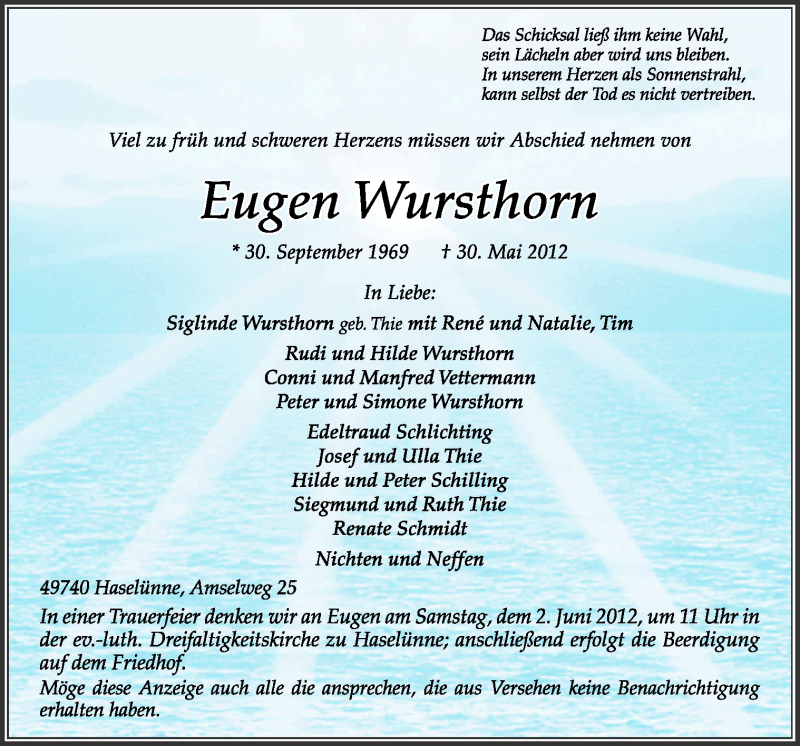  Traueranzeige für Eugen Wursthorn vom 01.06.2012 aus Neue Osnabrücker Zeitung GmbH & Co. KG