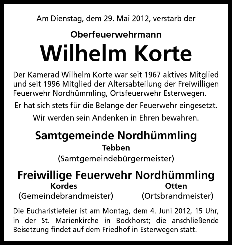  Traueranzeige für Wilhelm Korte vom 02.06.2012 aus Neue Osnabrücker Zeitung GmbH & Co. KG