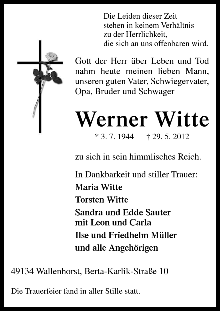  Traueranzeige für Werner Witte vom 02.06.2012 aus Neue Osnabrücker Zeitung GmbH & Co. KG