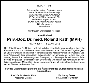 Traueranzeige von Roland Kath von Neue Osnabrücker Zeitung GmbH & Co. KG