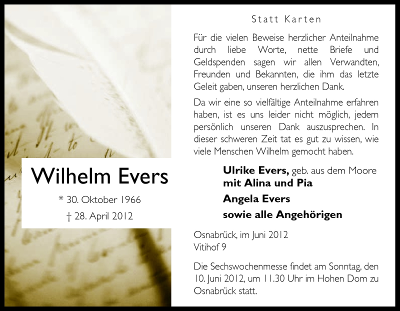  Traueranzeige für Wilhelm Evers vom 02.06.2012 aus Neue Osnabrücker Zeitung GmbH & Co. KG