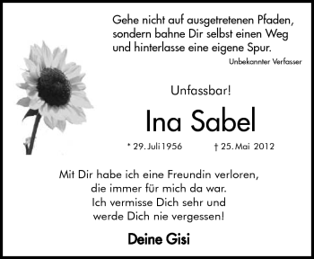 Traueranzeige von Ina Sabel von Neue Osnabrücker Zeitung GmbH & Co. KG